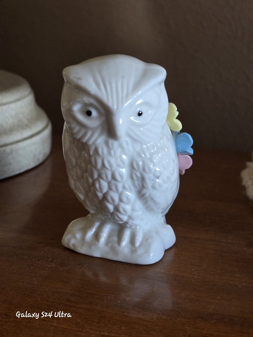 Vintage White Ceramic Owl Pincushion with Pastel Accents